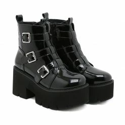 Yoursblack NEWS Patent Metal Buckle Ankle Boots