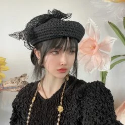 Yoursblack Vintage Lace Bow Mesh Beret