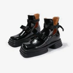 Yoursblack Dark Square Toe Thick Heel Bow Boots