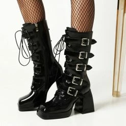 Yoursblack Dark Square Toe Platform High Boots