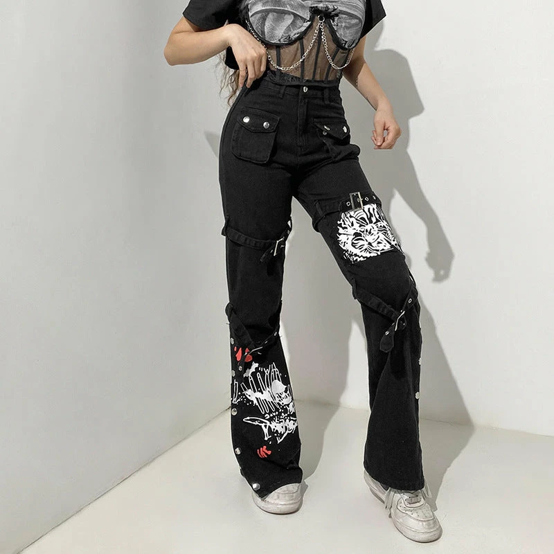 Yoursblack Punk Metal Buckle Printed Jeans 3 Yoursblack Punk Metal Buckle Printed Jeans