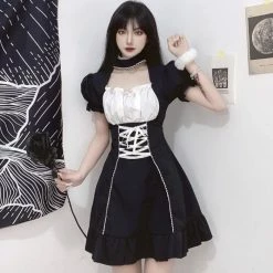 Yoursblack Spring Sale Dark Puff Sleeve Waist Dress