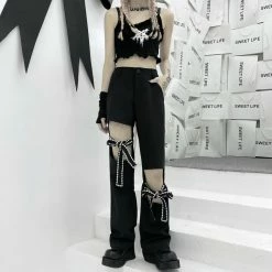 Yoursblack NEWS Harajuku Cutout Design Lace-up Butterfly Straight-leg Pants
