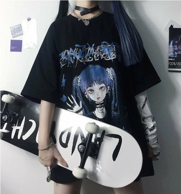 Yoursblack Dark Loose Anime Girl T-shirt NEWS 3 Yoursblack Dark Loose Anime Girl T-shirt NEWS