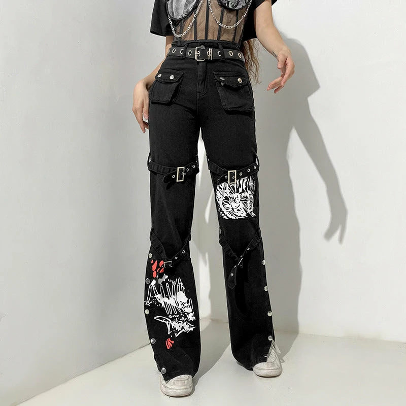 Yoursblack Punk Metal Buckle Printed Jeans 4 Yoursblack Punk Metal Buckle Printed Jeans