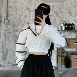 Yoursblack Dark Design Zipper Off-shoulder Sweatshirt