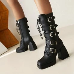 Yoursblack Dark Square Toe Platform High Boots
