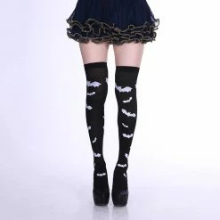 Yoursblack Bat Print Over The Knee Socks
