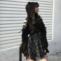 Yoursblack Cat Ears Lace Up Sweatshirt