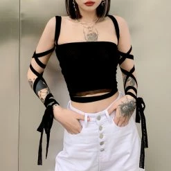 Yoursblack Gothic Cyberpunk Mesh Lace Up Crop Top
