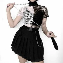 Yoursblack Gothic Black And White Two-Tone Fishnet Mesh Crop Top