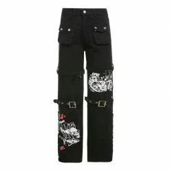Yoursblack Punk Metal Buckle Printed Jeans