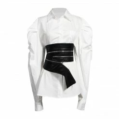 Yoursblack Dark Leather Zip-Up Girdle Puff Sleeves Shirt NEWS