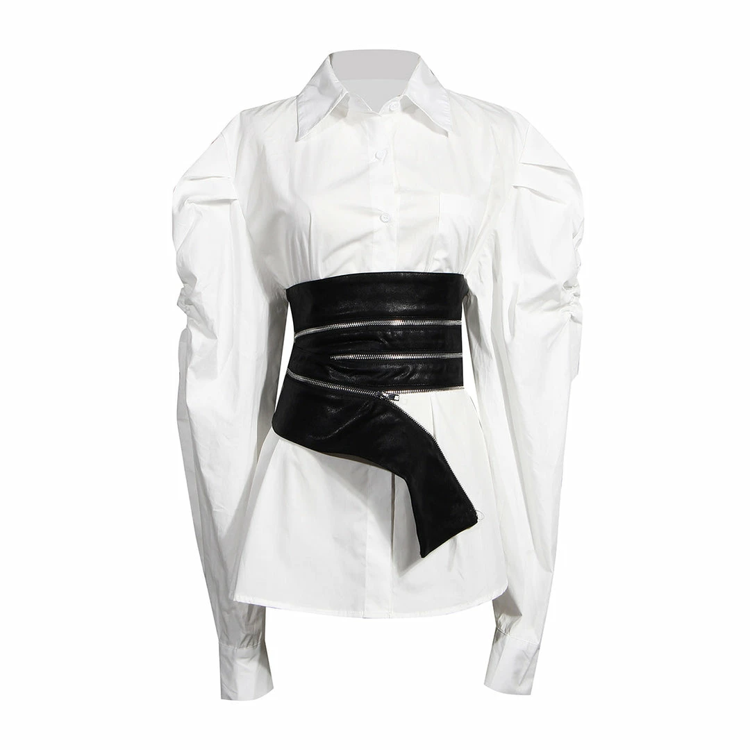 Yoursblack Dark Leather Zip-Up Girdle Puff Sleeves Shirt NEWS 1 Yoursblack Dark Leather Zip-Up Girdle Puff Sleeves Shirt NEWS