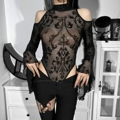 Yoursblack Dark Lace Mesh Flared Sleeve Top 8 Yoursblack Dark Lace Mesh Flared Sleeve Top