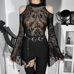 Yoursblack Dark Lace Mesh Flared Sleeve Top 7 Yoursblack Dark Lace Mesh Flared Sleeve Top