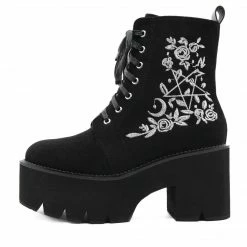 Yoursblack Gothic Pentagram And Rose Lace Up Platform Boots