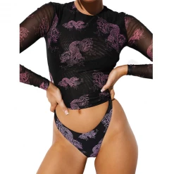 Yoursblack Three-Piece Chinese Traditional Dragon Mesh Swimsuit