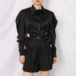 Yoursblack Retro Lapel Puff Sleeve Top