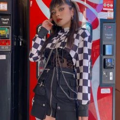 Yoursblack Hoodies&Sweatshirts Punk Suspender Plaid Cropped Hoodies