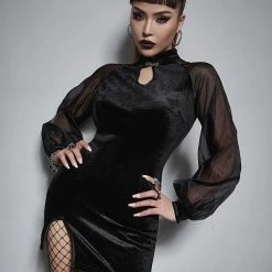 Yoursblack Puff Sleeve Cheongsam Velvet Dress