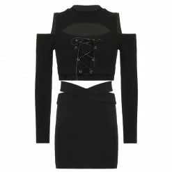 Yoursblack Off-Shoulder Tie Crop Top & Criss-Cross Mini Skirt