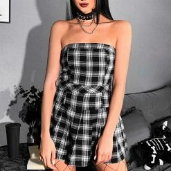 Yoursblack High Waist Tube Plaid Dress