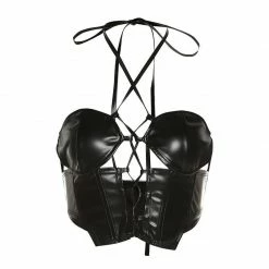 Yoursblack New In May Hollow Tie Halter Neck PU Vest