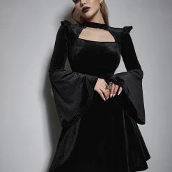 Yoursblack Cut-Out Flared Sleeve Velvet Dress DRESSES