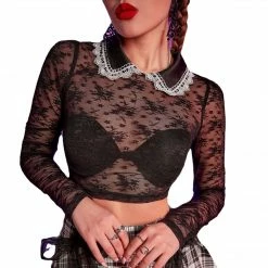 Yoursblack New In Jun Long Sleeve Sheer Lapel Crop Shirt