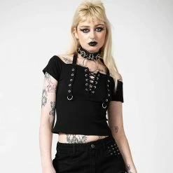 Yoursblack Short Sleeve Lace Up Halterneck Corset Top