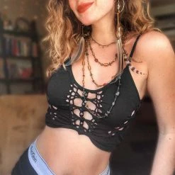 Yoursblack Lace-Up Cutout Suspender Top