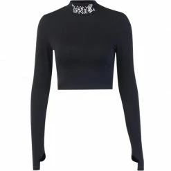 Yoursblack New In Jun High Collar Embroidered Crop T-Shirt