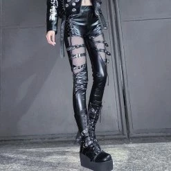 Yoursblack Mesh Metal Buckle Leather Pants