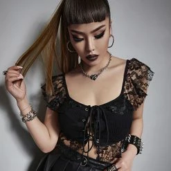 Yoursblack New In Jun Lace Ruffled Lace-Up Top