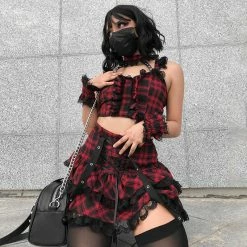 Yoursblack New In Jun Plaid Sling Pleated 2PCS Dress Set
