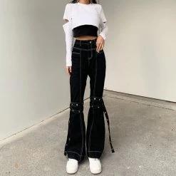 Yoursblack Topstitched Wide-Leg Jeans Pants