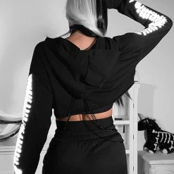 Yoursblack New In May Fishbone Reflective Cropped Hooded Sweatshirt