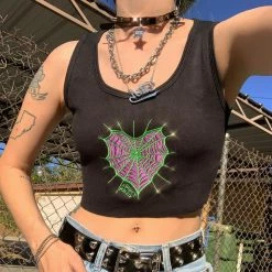 Yoursblack Spider Web Heart Crop Tank Top