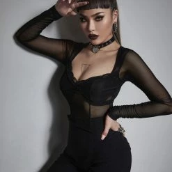 Yoursblack TOPS Mesh Panel Long-Sleeve T-Shirt