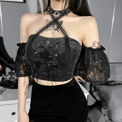 Yoursblack New In Jun Puff-Sleeve Halter Crop Top