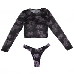 Yoursblack Three-Piece Chinese Traditional Dragon Mesh Swimsuit