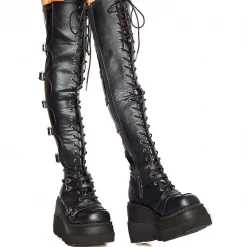 Yoursblack Black Gigh-Top Square Heel Female Knight Boots Shoes
