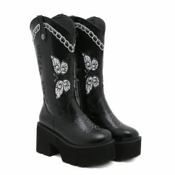 Yoursblack Butterfly Embroidery Retro Punk Boots