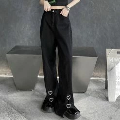 Yoursblack Front Slit Heart Button Straight-leg Pants