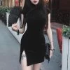 Yoursblack Black Velvet Gothic Cheongsam Dress