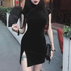 Yoursblack Black Velvet Gothic Cheongsam Dress
