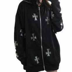 Yoursblack Cross Rhinestone Zip Hooded Sweatshirt NEWS