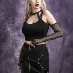 Yoursblack Fishnet Sleeve Dark Crop Top
