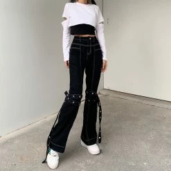 Yoursblack Topstitched Wide-Leg Jeans Pants